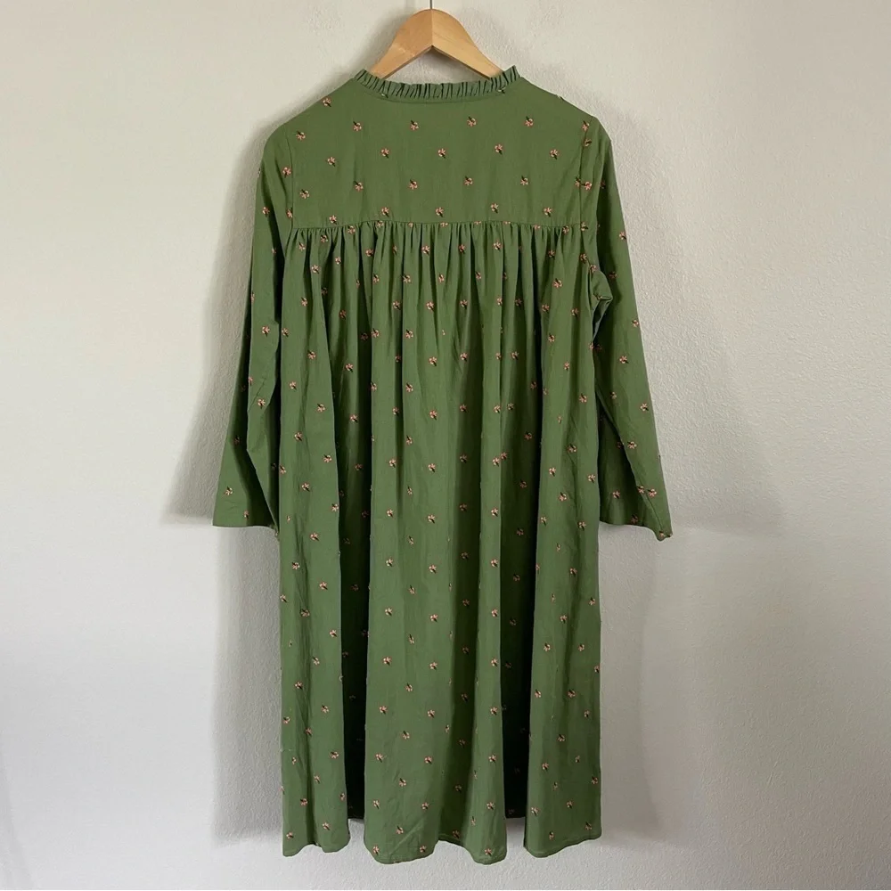Soolinen Floral Embroidered Belted Midi Button Front Dress Green Size Large